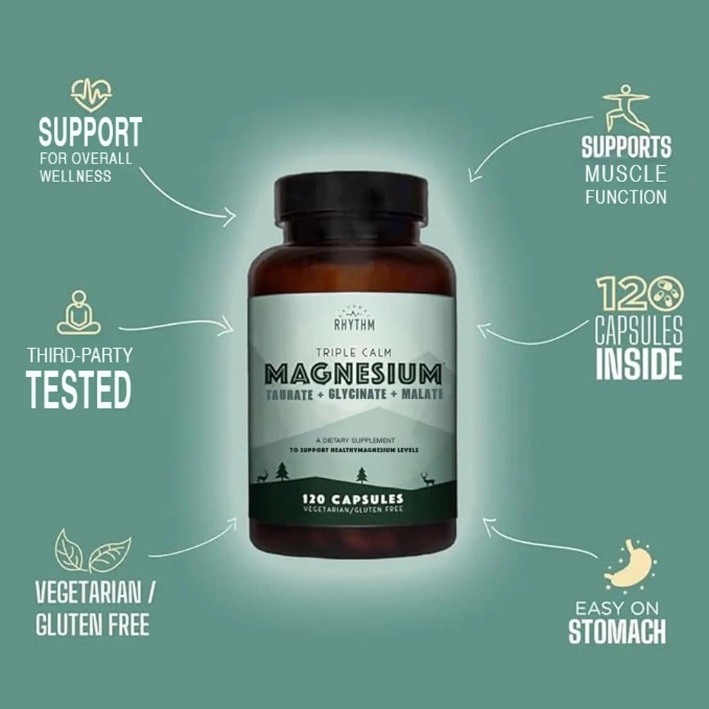 Natural Rhythm Triple Calm Magnesium Complex - 120 Capsules, Chelated Magnesium Glycinate, Taurate & Malate, High Absorption Supplement for Sleep, Stress, Muscle & Heart Support, Non-GMO, Vegan - TrustMedUSA