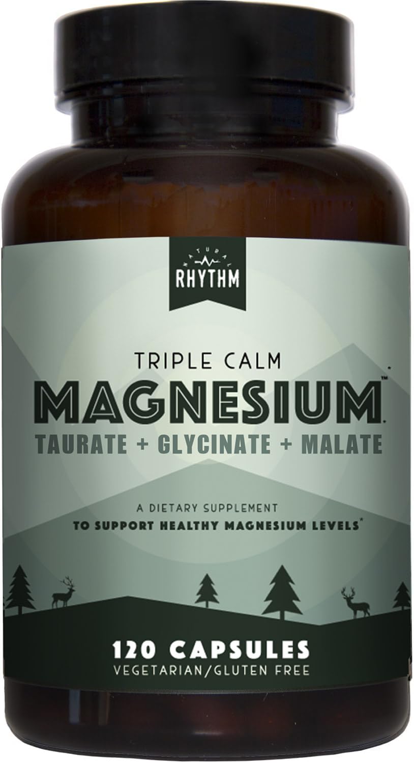 Natural Rhythm Triple Calm Magnesium Complex - 120 Capsules, Chelated Magnesium Glycinate, Taurate & Malate, High Absorption Supplement for Sleep, Stress, Muscle & Heart Support, Non-GMO, Vegan - TrustMedUSA