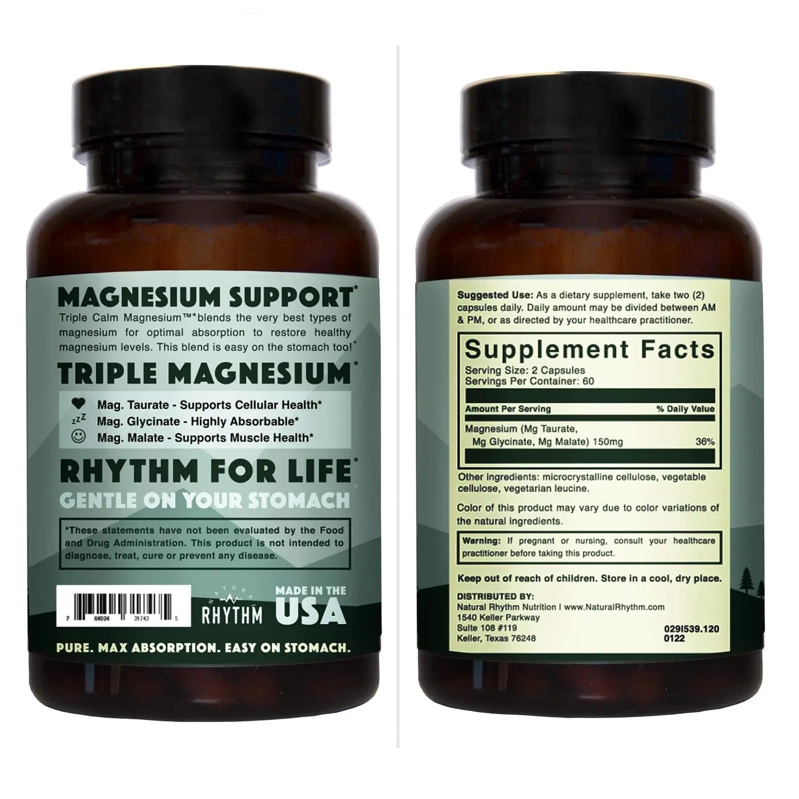 Natural Rhythm Triple Calm Magnesium Complex - 120 Capsules, Chelated Magnesium Glycinate, Taurate & Malate, High Absorption Supplement for Sleep, Stress, Muscle & Heart Support, Non-GMO, Vegan - TrustMedUSA