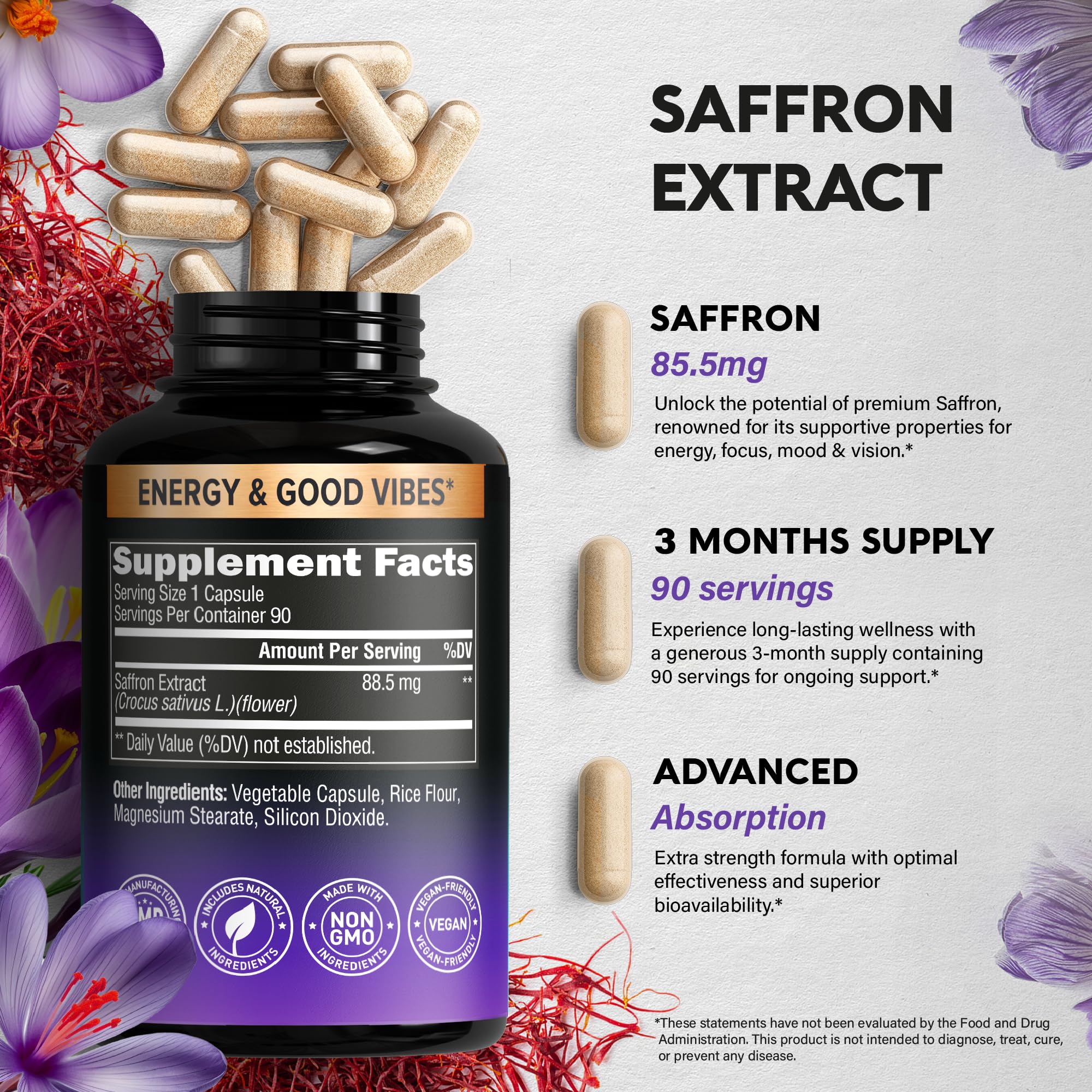 Natural Saffron Supplements - Pure Saffron Extract 88.5 mg - Made in USA - Mood | Focus | Vision | Energy Support - Eye Health for Women & Men - NonGMO Vegan Pills - 90 Powder Capsules, 3 Month Supply - TrustMedUSA