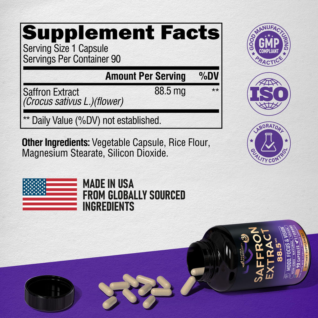 Natural Saffron Supplements - Pure Saffron Extract 88.5 mg - Made in USA - Mood | Focus | Vision | Energy Support - Eye Health for Women & Men - NonGMO Vegan Pills - 90 Powder Capsules, 3 Month Supply - TrustMedUSA