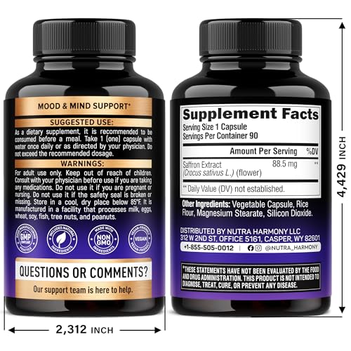 Natural Saffron Supplements - Pure Saffron Extract 88.5 mg - Made in USA - Mood | Focus | Vision | Energy Support - Eye Health for Women & Men - NonGMO Vegan Pills - 90 Powder Capsules, 3 Month Supply - TrustMedUSA