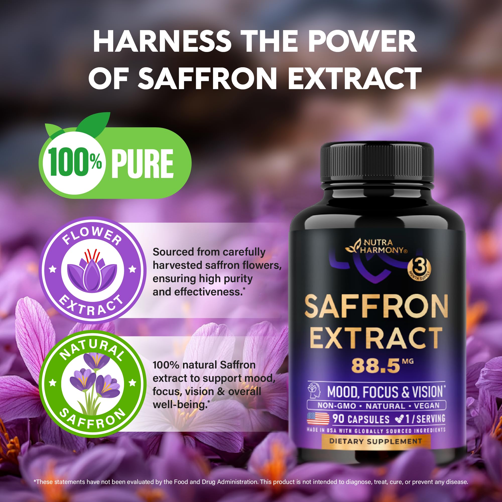 Natural Saffron Supplements - Pure Saffron Extract 88.5 mg - Made in USA - Mood | Focus | Vision | Energy Support - Eye Health for Women & Men - NonGMO Vegan Pills - 90 Powder Capsules, 3 Month Supply - TrustMedUSA