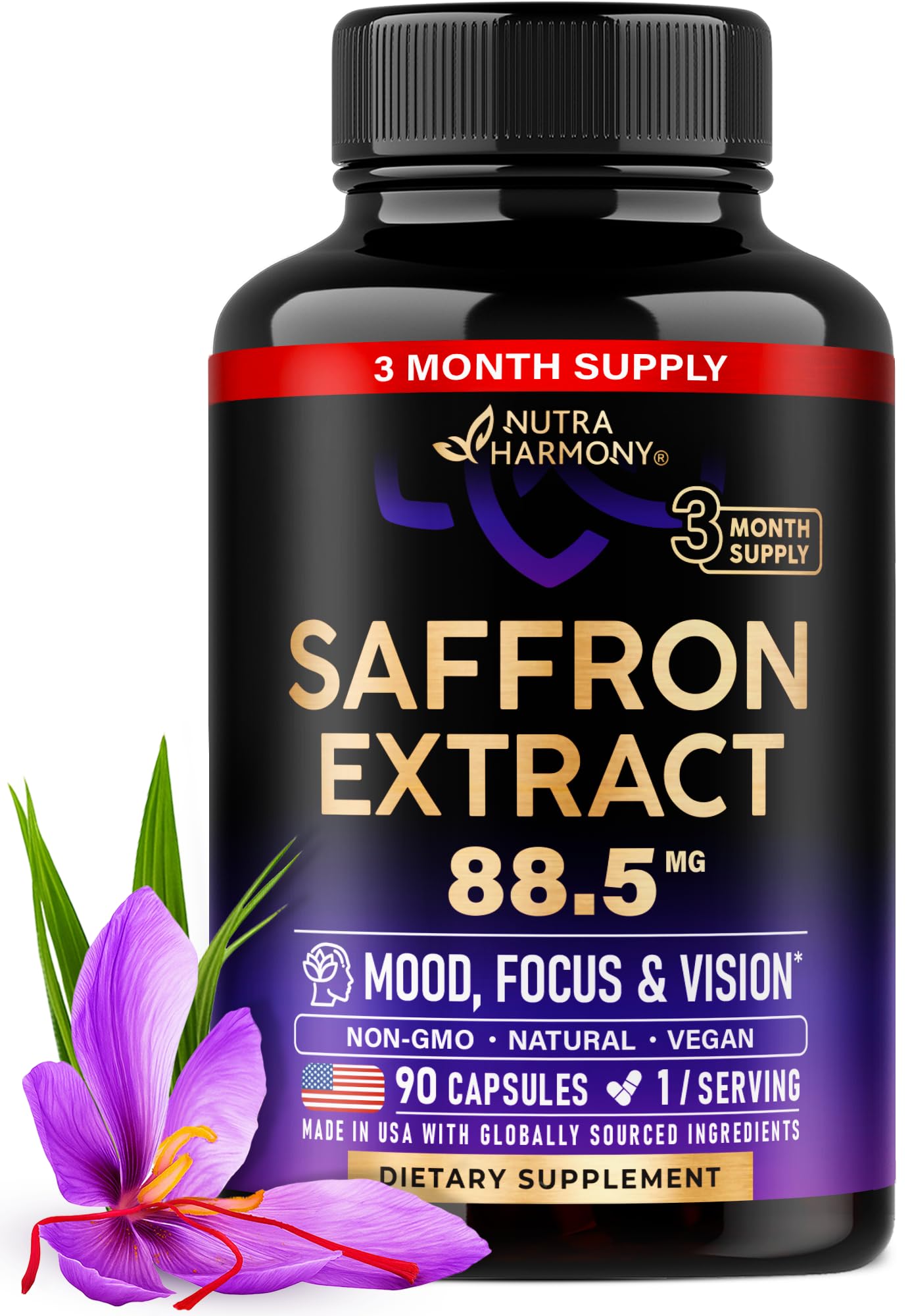 Natural Saffron Supplements - Pure Saffron Extract 88.5 mg - Made in USA - Mood | Focus | Vision | Energy Support - Eye Health for Women & Men - NonGMO Vegan Pills - 90 Powder Capsules, 3 Month Supply - TrustMedUSA