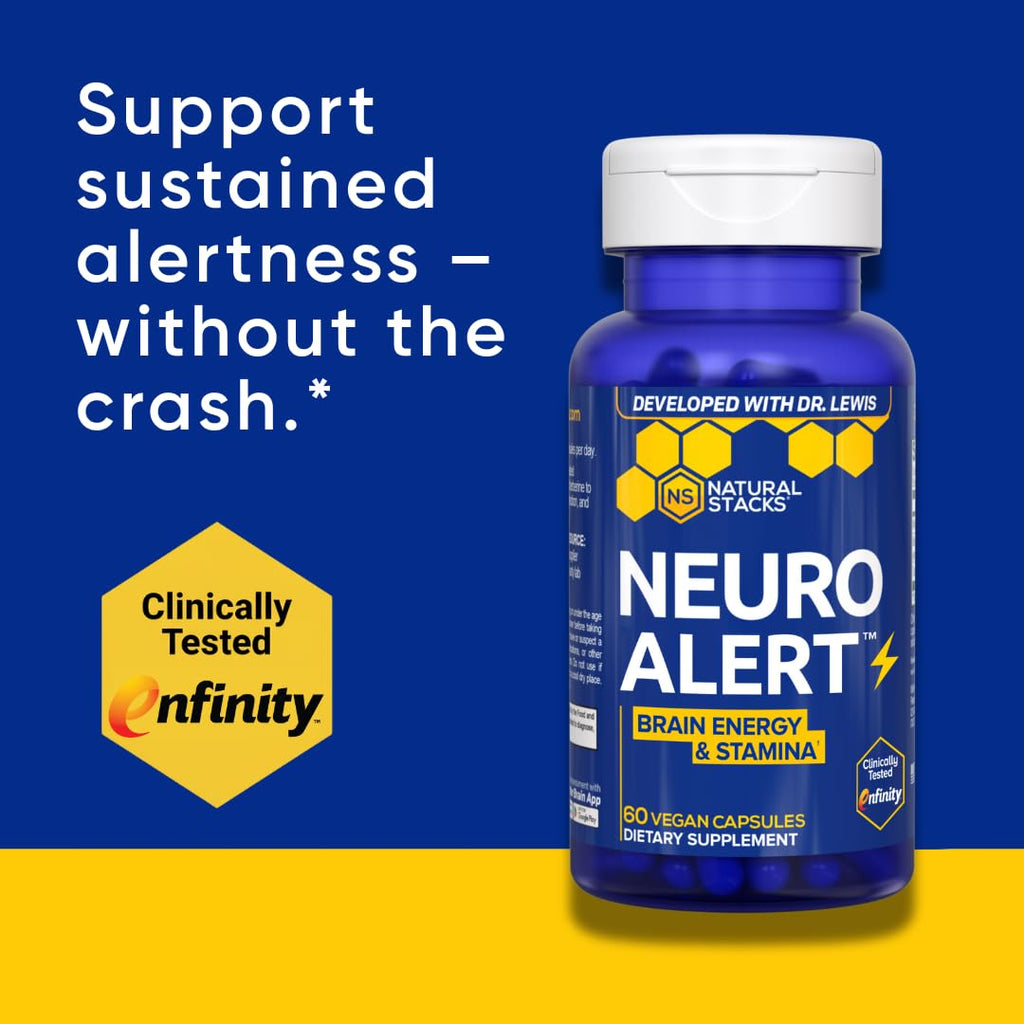 NATURAL STACKS NeuroAlert - 200mg Paraxanthine Energy Supplement - Caffeine Free Focus w/ 500mg L-Tyrosine & 100mg L-Theanine - 10mg NADH for Cellular Energy Support - 60 Paraxanthine Capsules - TrustMedUSA