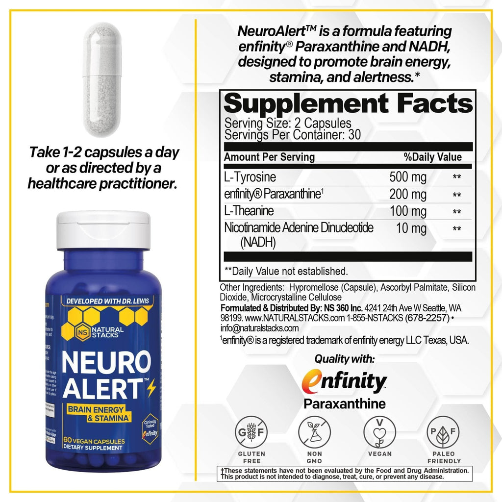 NATURAL STACKS NeuroAlert - 200mg Paraxanthine Energy Supplement - Caffeine Free Focus w/ 500mg L-Tyrosine & 100mg L-Theanine - 10mg NADH for Cellular Energy Support - 60 Paraxanthine Capsules - TrustMedUSA
