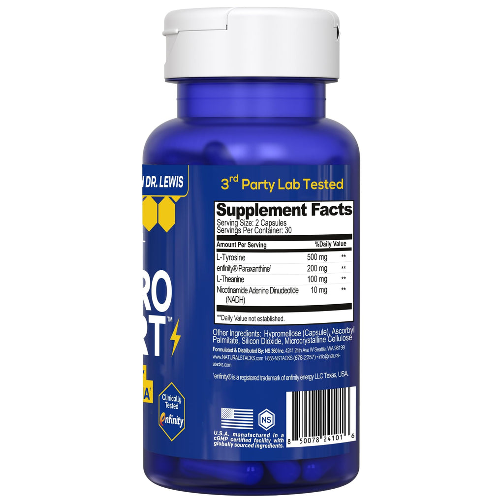 NATURAL STACKS NeuroAlert - 200mg Paraxanthine Energy Supplement - Caffeine Free Focus w/ 500mg L-Tyrosine & 100mg L-Theanine - 10mg NADH for Cellular Energy Support - 60 Paraxanthine Capsules - TrustMedUSA