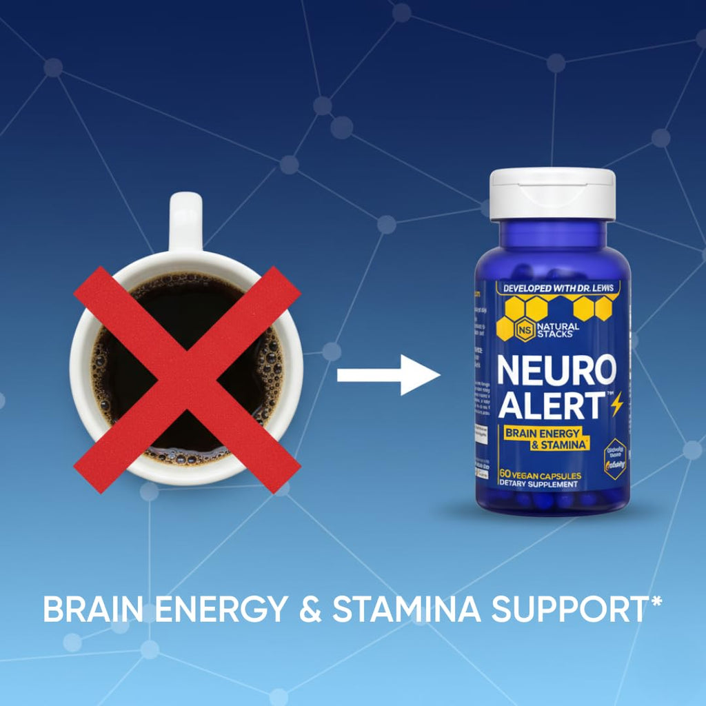 NATURAL STACKS NeuroAlert - 200mg Paraxanthine Energy Supplement - Caffeine Free Focus w/ 500mg L-Tyrosine & 100mg L-Theanine - 10mg NADH for Cellular Energy Support - 60 Paraxanthine Capsules - TrustMedUSA