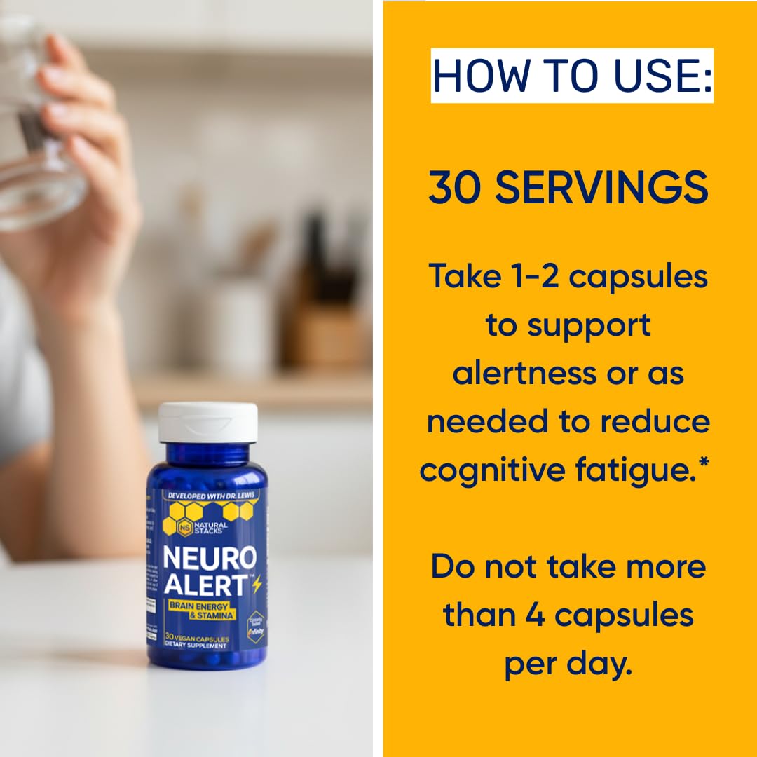 NATURAL STACKS NeuroAlert - 200mg Paraxanthine Energy Supplement - Caffeine Free Focus w/ 500mg L-Tyrosine & 100mg L-Theanine - 10mg NADH for Cellular Energy Support - 60 Paraxanthine Capsules - TrustMedUSA