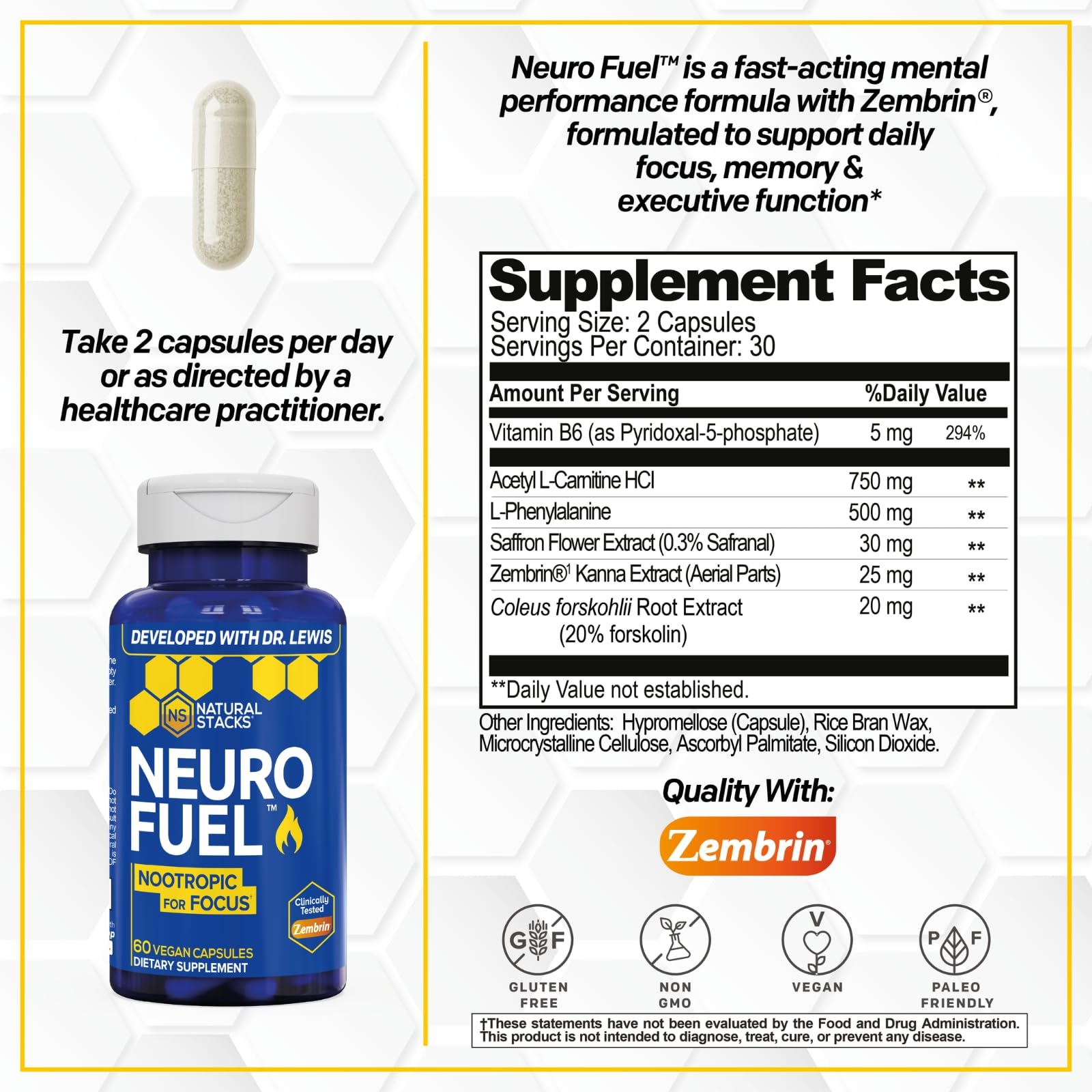 NATURAL STACKS NeuroFuel Nootropic with Zembrin - Doctor Developed Memory & Focus Supplement - Kanna Extract Sceletium Tortuosum - Nootropic Brain Supplement for Focus - 60 Zembrin Capsules - TrustMedUSA