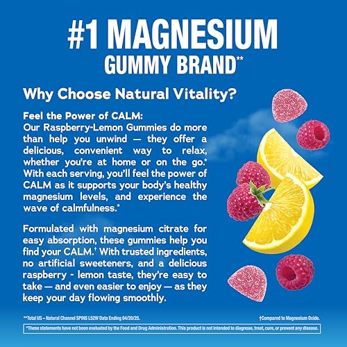 Natural Vitality Calm Magnesium Gummies | 330mg Per Serving | Raspberry Lemon Flavored Supplement | Gluten-Free & Vegan | 240 Count - TrustMedUSA