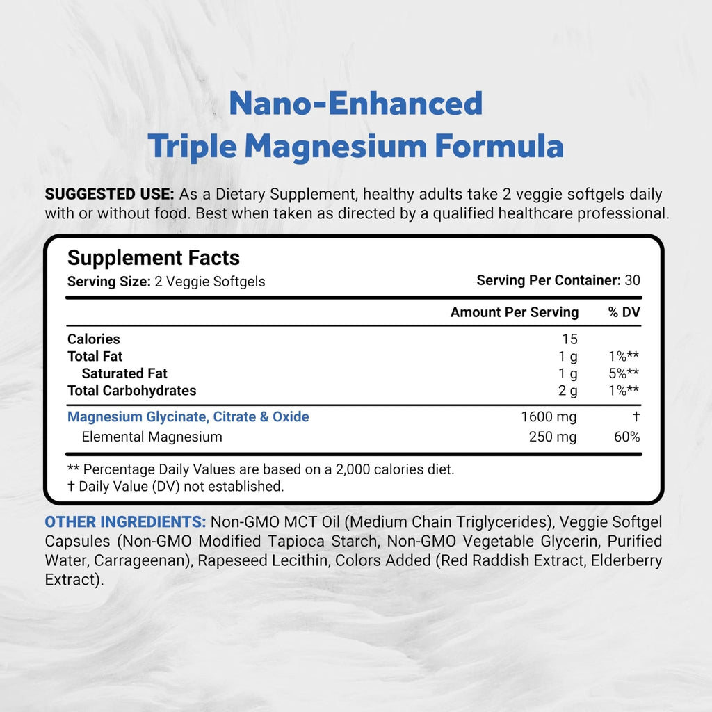 Naturalis Vegan Triple Magnesium Complex | Chelated Glycinate, Citrate & Oxide 1600mg Delivers 250mg Elemental Magnesium | Easily Absorbed for Stress, Muscle, Heart, Bone Support* | 60 Softgels - TrustMedUSA