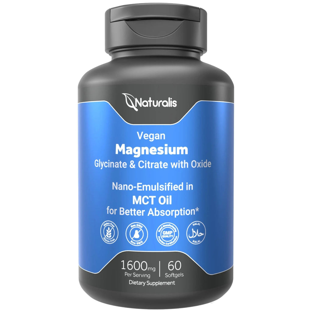 Naturalis Vegan Triple Magnesium Complex | Chelated Glycinate, Citrate & Oxide 1600mg Delivers 250mg Elemental Magnesium | Easily Absorbed for Stress, Muscle, Heart, Bone Support* | 60 Softgels - TrustMedUSA