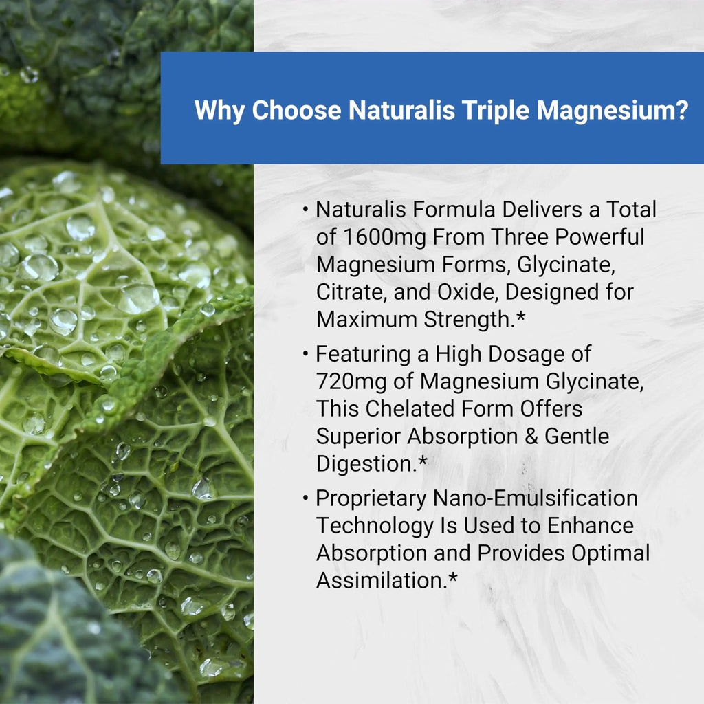 Naturalis Vegan Triple Magnesium Complex | Chelated Glycinate, Citrate & Oxide 1600mg Delivers 250mg Elemental Magnesium | Easily Absorbed for Stress, Muscle, Heart, Bone Support* | 60 Softgels - TrustMedUSA