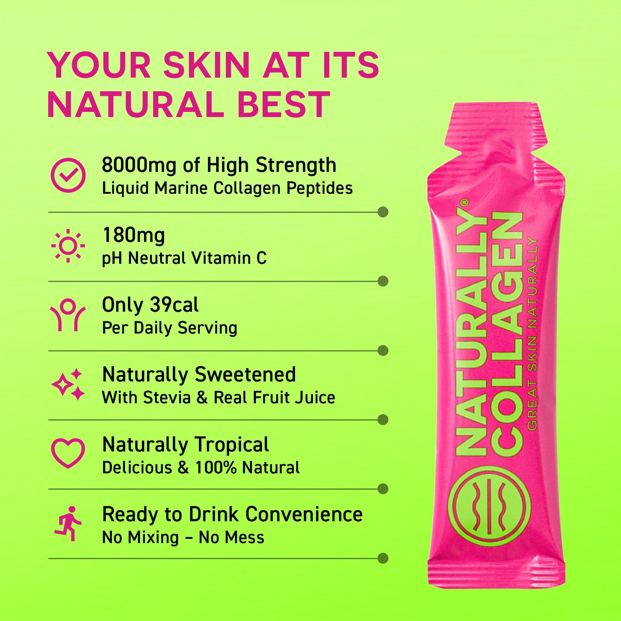 Naturally Collagen - Premium Hydrolyzed Liquid Marine Collagen Supplement - 8000mg of Collagen per Sachet Plus 180mg VIT C - Natural Tropical Fruit Flavour - 14 Sachets per Box - Maple Wellness Supplements