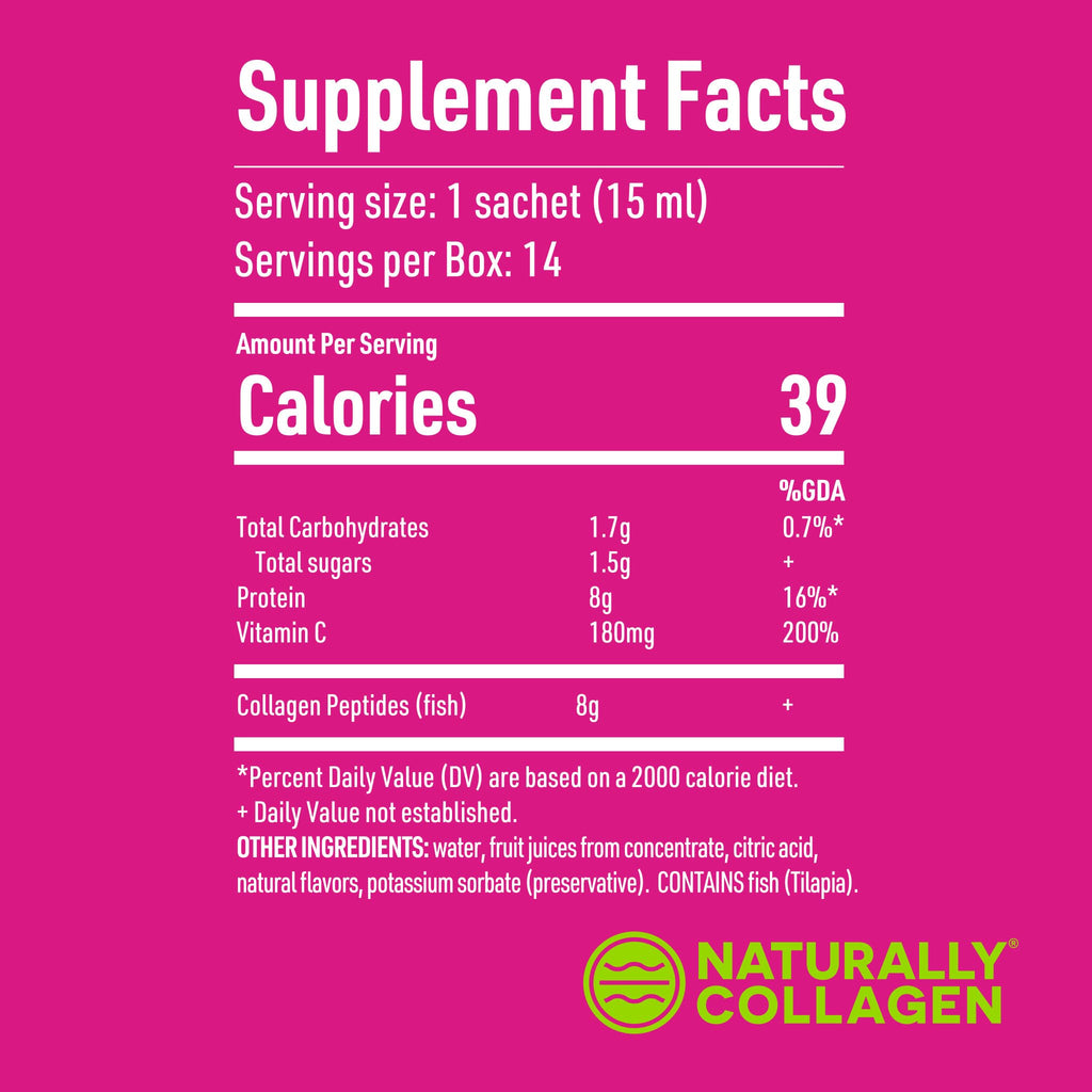 Naturally Collagen - Premium Hydrolyzed Liquid Marine Collagen Supplement - 8000mg of Collagen per Sachet Plus 180mg VIT C - Natural Tropical Fruit Flavour - 14 Sachets per Box - Maple Wellness Supplements