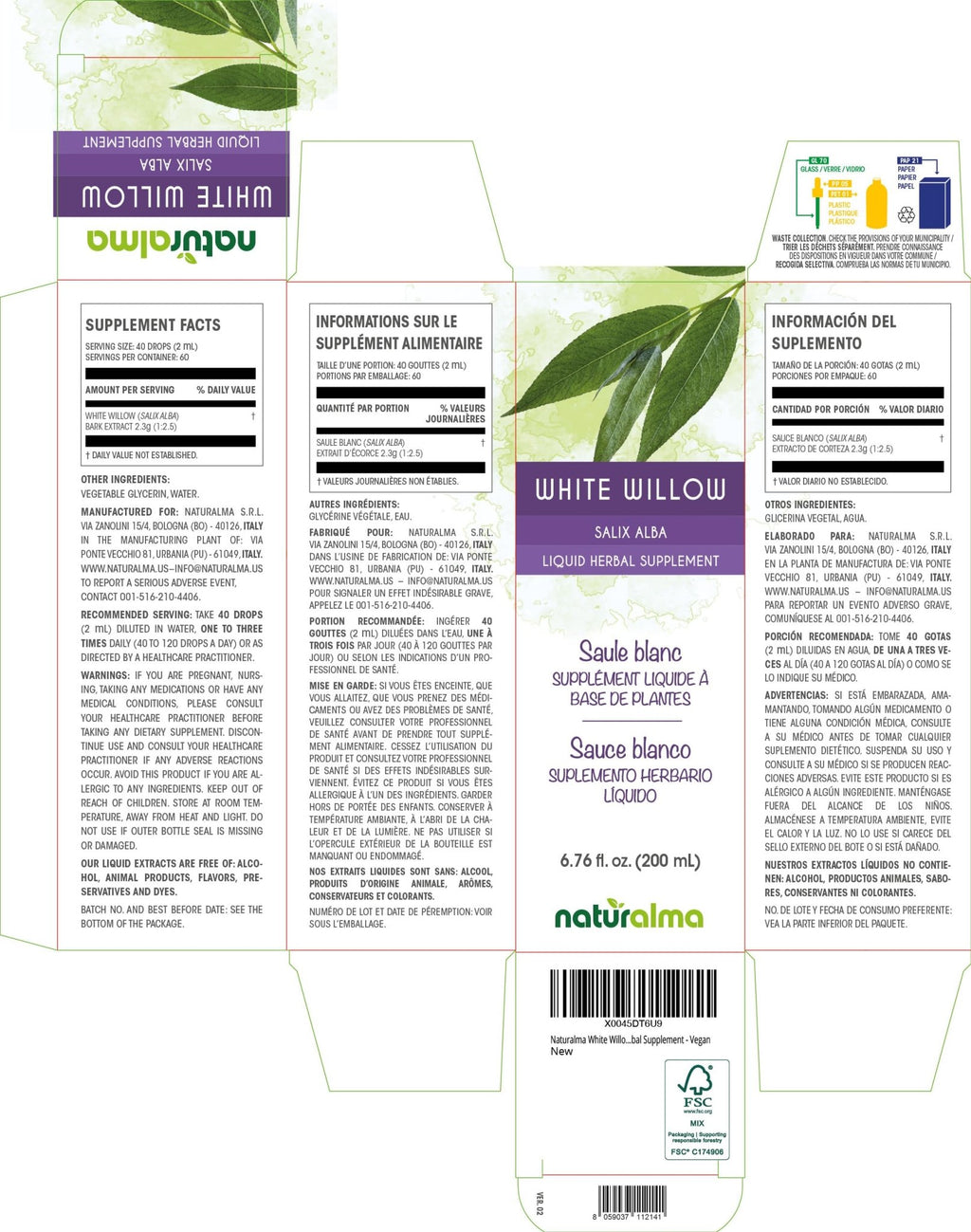 Naturalma White Willow (Salix alba) bark Alcohol-Free Tincture - 6.76 fl oz Liquid Extract in Drops - Herbal Supplement - Vegan - TrustMedUSA
