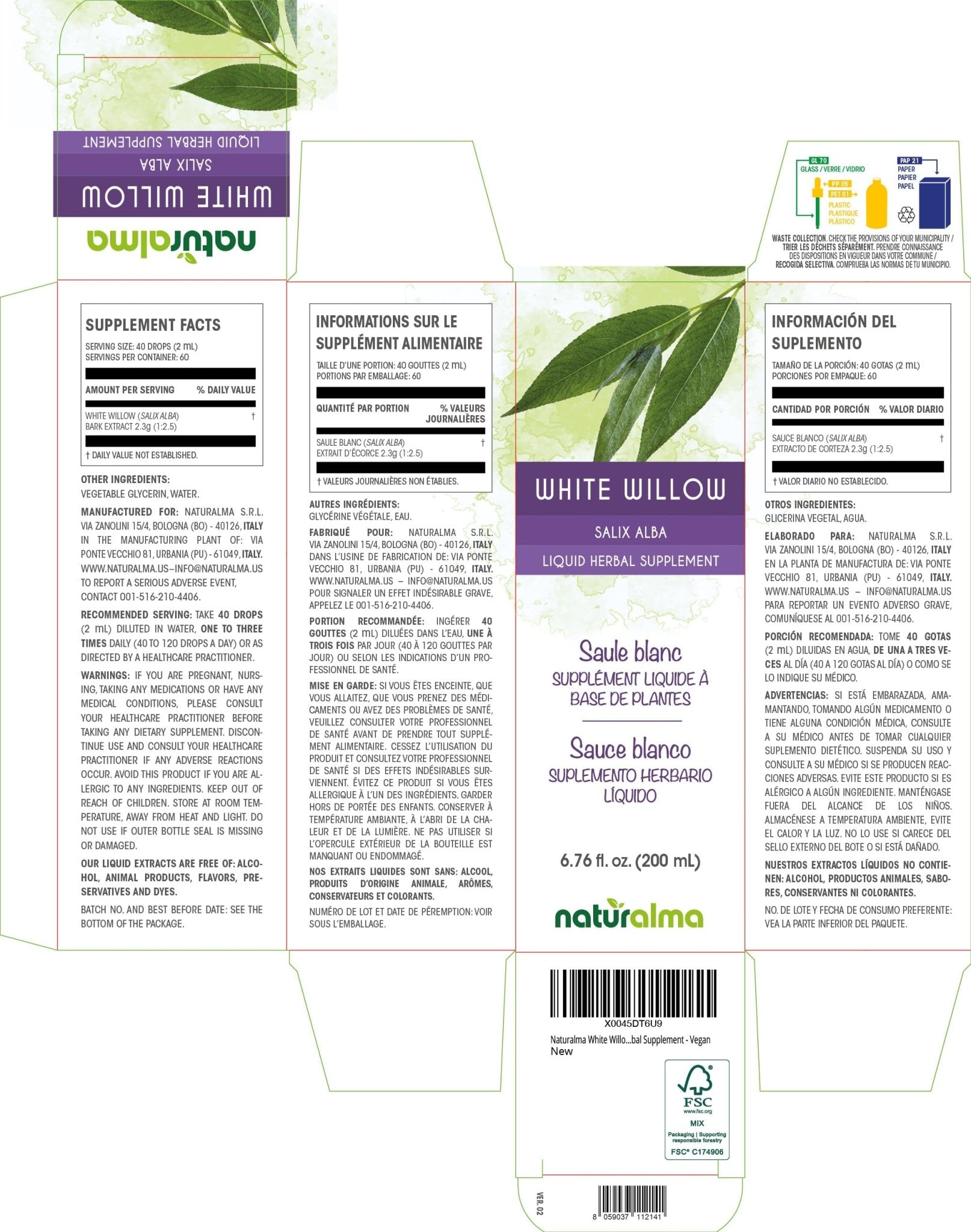Naturalma White Willow (Salix alba) bark Alcohol-Free Tincture - 6.76 fl oz Liquid Extract in Drops - Herbal Supplement - Vegan - TrustMedUSA