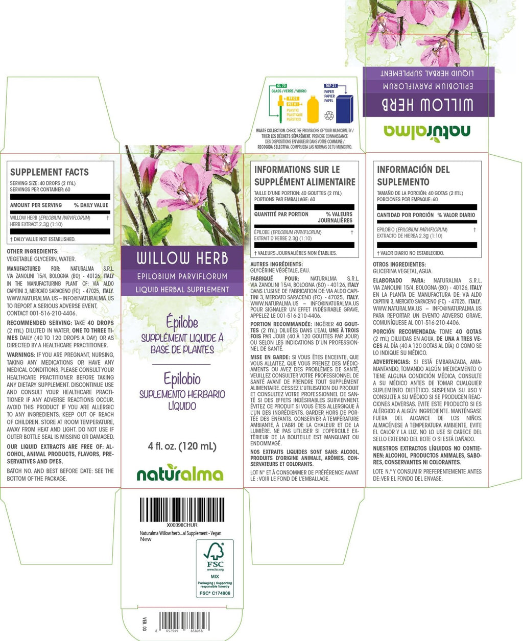 Naturalma Willow herb or Fireweed (Epilobium parviflorum) herb Alcohol-Free Tincture - 4 fl oz Liquid Extract in Drops - Herbal Supplement - Vegan - TrustMedUSA