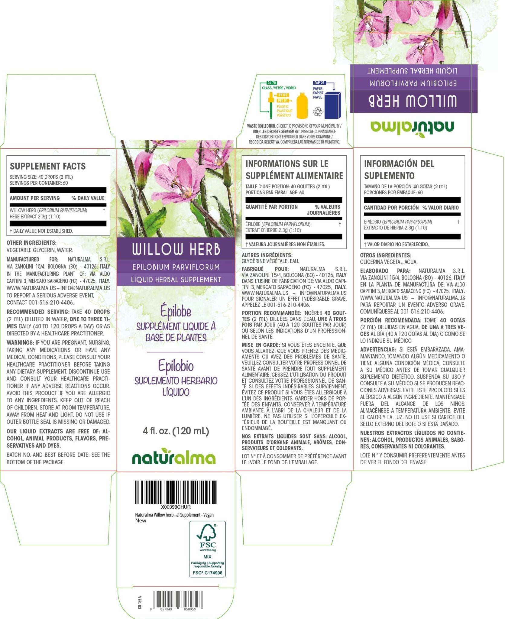 Naturalma Willow herb or Fireweed (Epilobium parviflorum) herb Alcohol-Free Tincture - 4 fl oz Liquid Extract in Drops - Herbal Supplement - Vegan - TrustMedUSA
