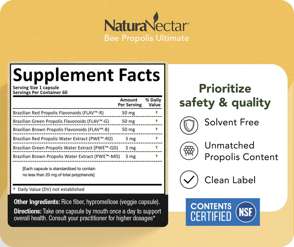 NaturaNectar - Ultimate Bee Propolis Capsules - NSF Contents Certified -Brazilian Red, Brown, & Green - Gluten-Free Supplement with Flavonoids - Naturally Sourced Through Ethical Beekeeping (60pcs.) - TrustMedUSA