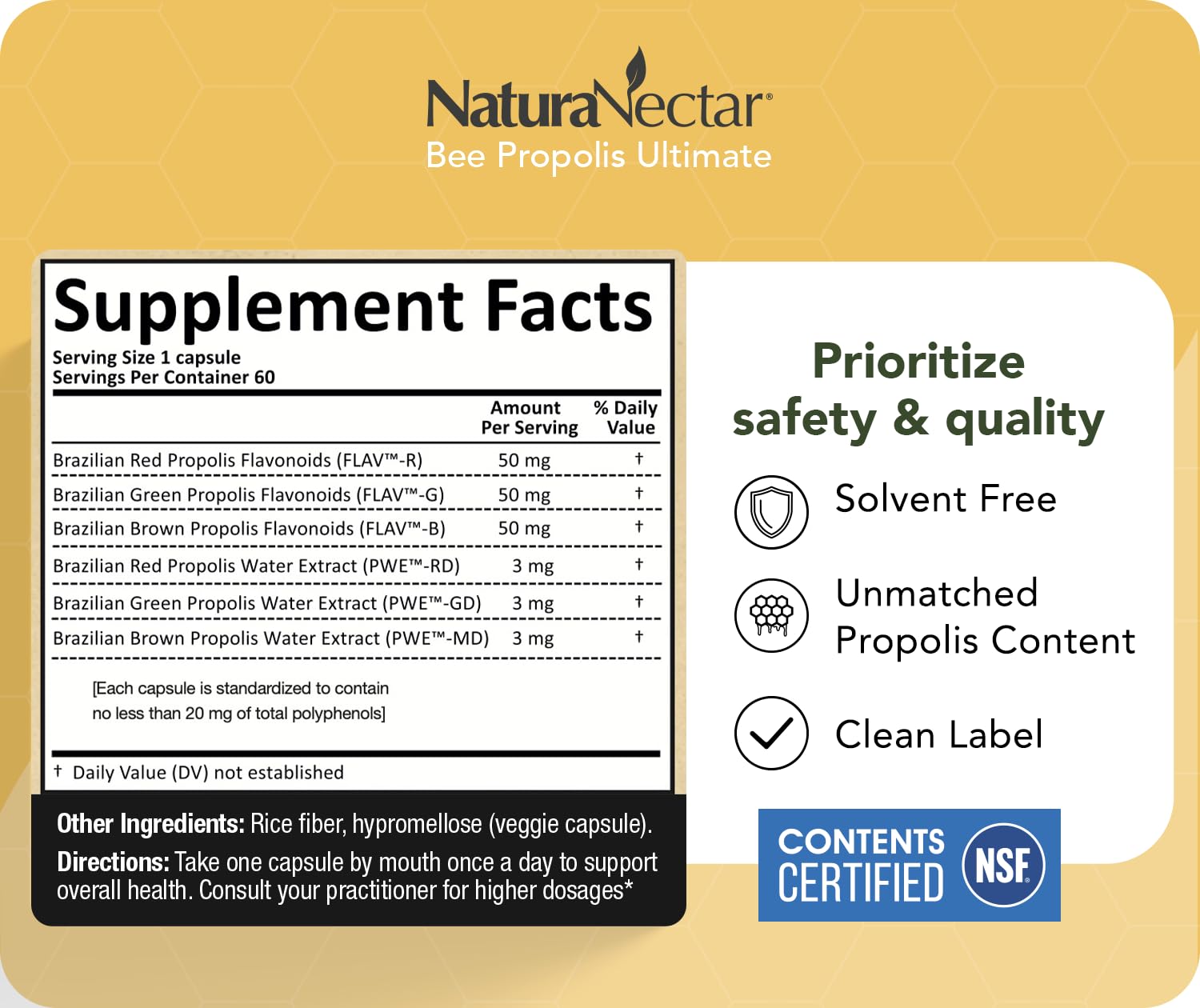 NaturaNectar - Ultimate Bee Propolis Capsules - NSF Contents Certified -Brazilian Red, Brown, & Green - Gluten-Free Supplement with Flavonoids - Naturally Sourced Through Ethical Beekeeping (60pcs.) - TrustMedUSA