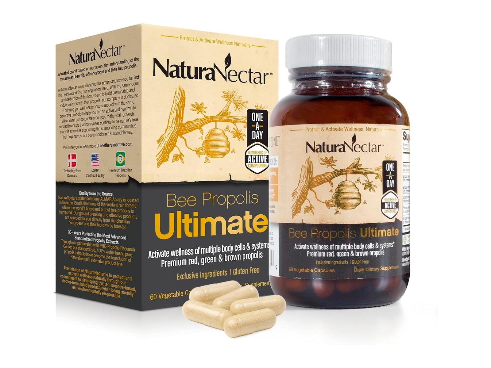 NaturaNectar - Ultimate Bee Propolis Capsules - NSF Contents Certified -Brazilian Red, Brown, & Green - Gluten-Free Supplement with Flavonoids - Naturally Sourced Through Ethical Beekeeping (60pcs.) - TrustMedUSA