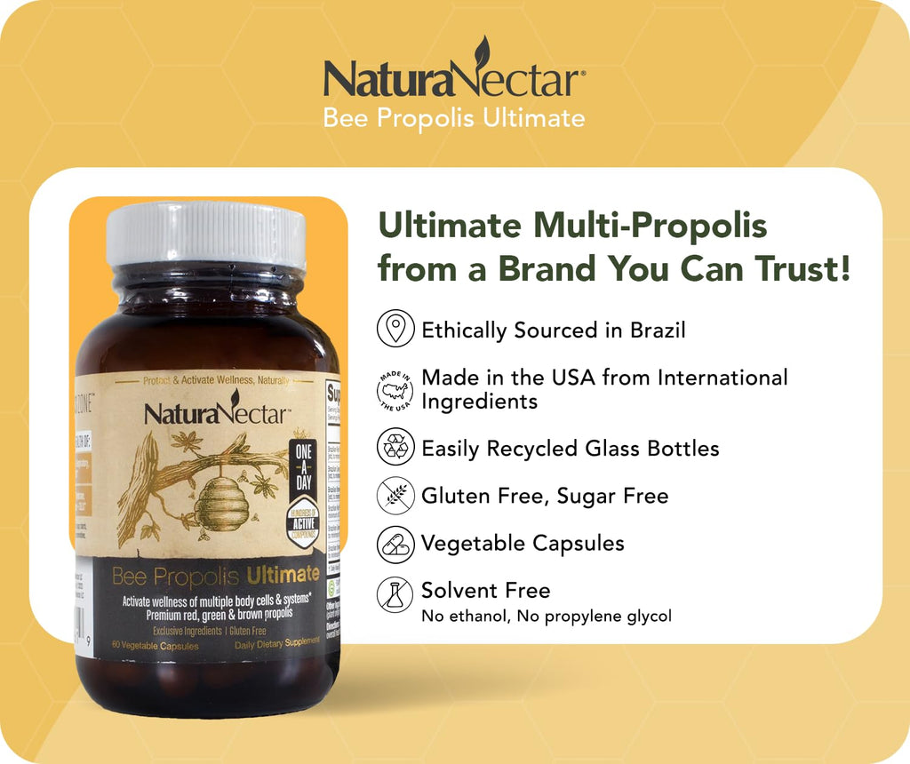 NaturaNectar - Ultimate Bee Propolis Capsules - NSF Contents Certified -Brazilian Red, Brown, & Green - Gluten-Free Supplement with Flavonoids - Naturally Sourced Through Ethical Beekeeping (60pcs.) - TrustMedUSA