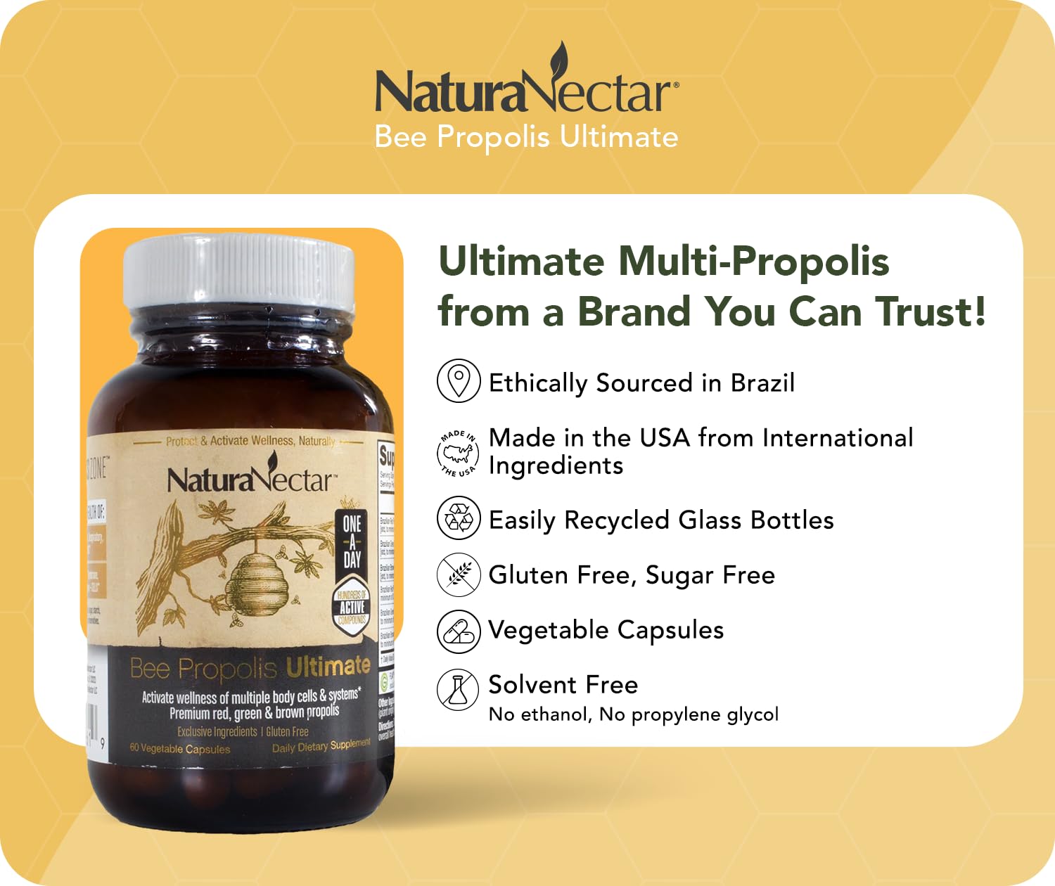 NaturaNectar - Ultimate Bee Propolis Capsules - NSF Contents Certified -Brazilian Red, Brown, & Green - Gluten-Free Supplement with Flavonoids - Naturally Sourced Through Ethical Beekeeping (60pcs.) - TrustMedUSA