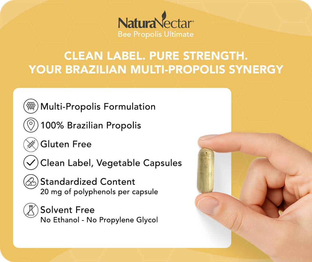 NaturaNectar - Ultimate Bee Propolis Capsules - NSF Contents Certified -Brazilian Red, Brown, & Green - Gluten-Free Supplement with Flavonoids - Naturally Sourced Through Ethical Beekeeping (60pcs.) - TrustMedUSA