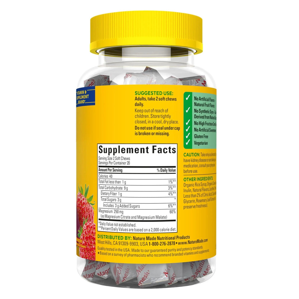 Nature Made High Absorption Magnesium Complex Soft Chews, Magnesium Supplement for Muscle, Heart, Bone Support, Magnesium Citrate & Malate Blend 250 mg per Serving, 40 Vegetarian Chews, 20 Day Supply - TrustMedUSA