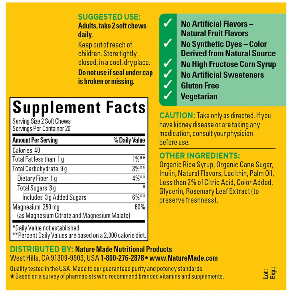 Nature Made High Absorption Magnesium Complex Soft Chews, Magnesium Supplement for Muscle, Heart, Bone Support, Magnesium Citrate & Malate Blend 250 mg per Serving, 40 Vegetarian Chews, 20 Day Supply - TrustMedUSA