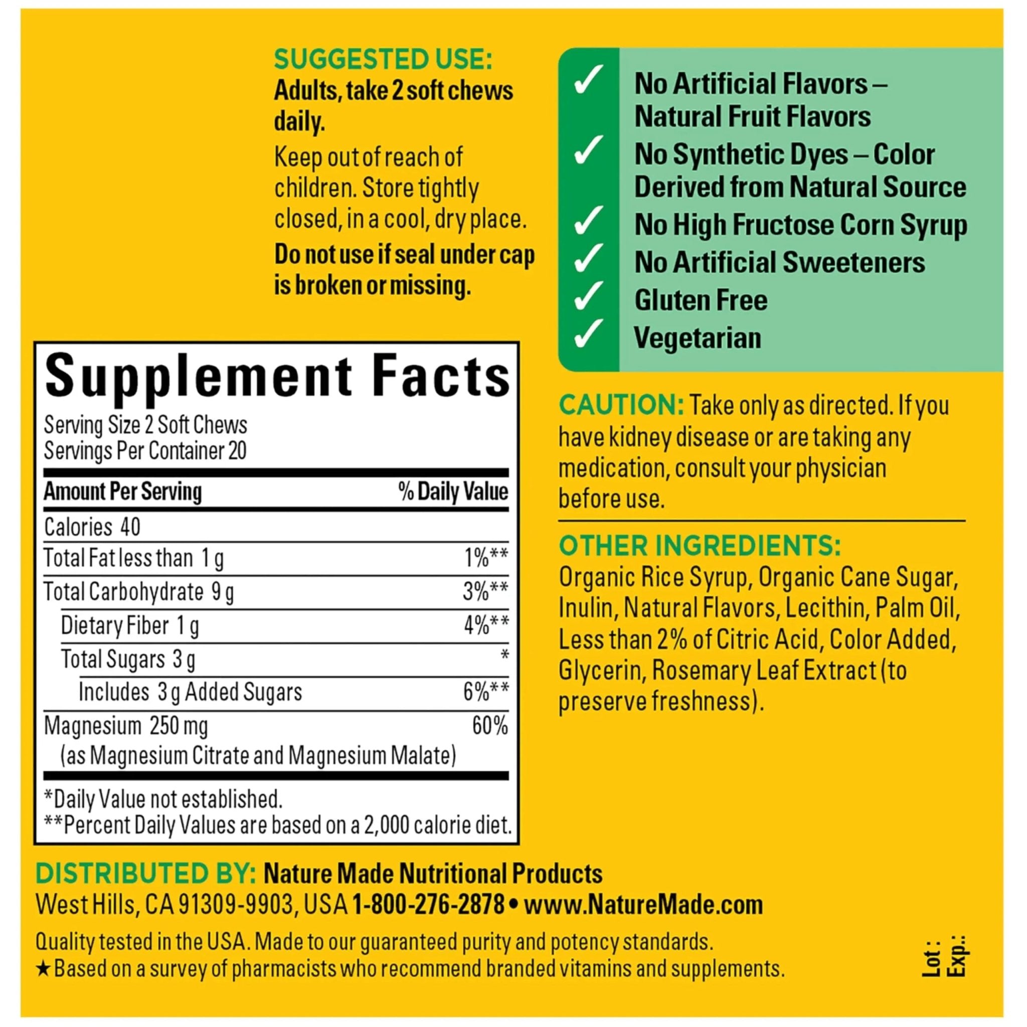 Nature Made High Absorption Magnesium Complex Soft Chews, Magnesium Supplement for Muscle, Heart, Bone Support, Magnesium Citrate & Malate Blend 250 mg per Serving, 40 Vegetarian Chews, 20 Day Supply - TrustMedUSA