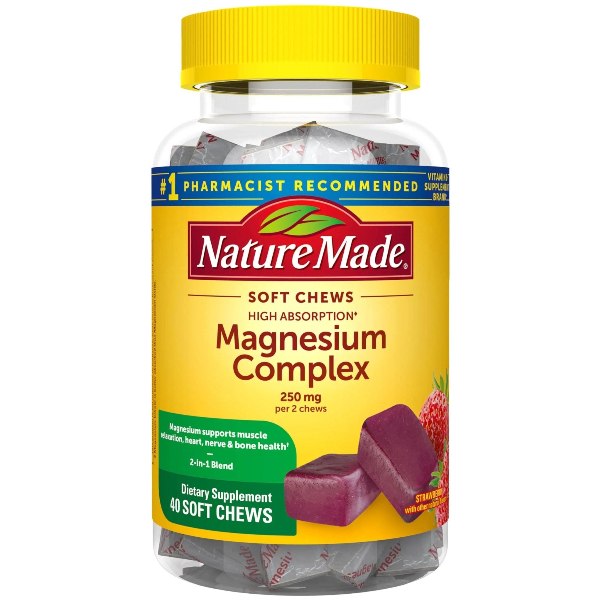 Nature Made High Absorption Magnesium Complex Soft Chews, Magnesium Supplement for Muscle, Heart, Bone Support, Magnesium Citrate & Malate Blend 250 mg per Serving, 40 Vegetarian Chews, 20 Day Supply - TrustMedUSA