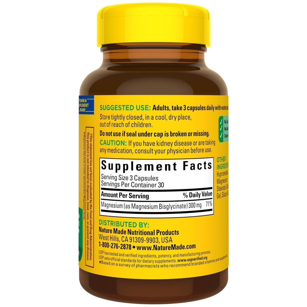 Nature Made High Absorption Magnesium Glycinate 300mg per 3 Capsules, Magnesium Supplement for Muscle, Heart, Nerve and Bone Support, 90 Magnesium Bisglycinate Capsules, 30 Day Supply - TrustMedUSA