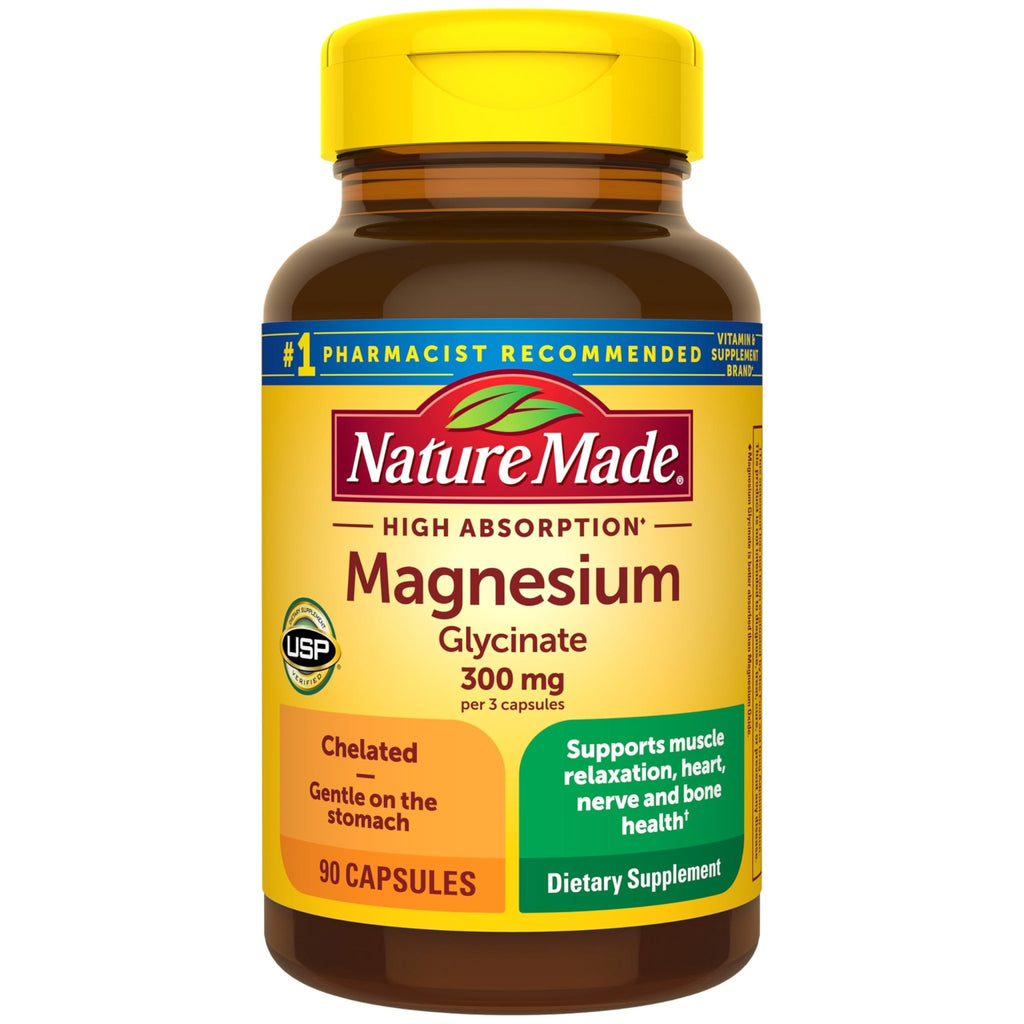 Nature Made High Absorption Magnesium Glycinate 300mg per 3 Capsules, Magnesium Supplement for Muscle, Heart, Nerve and Bone Support, 90 Magnesium Bisglycinate Capsules, 30 Day Supply - TrustMedUSA