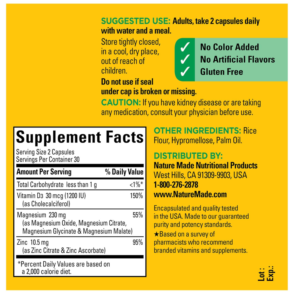 Nature Made Magnesium Complex Supplement with Vitamin D & Zinc for Immune Support, Magnesium Glycinate, Malate, Citrate & Oxide for Muscle, Nerve, Heart & Bone Support, 60 Capsules, 30 Day Supply - TrustMedUSA