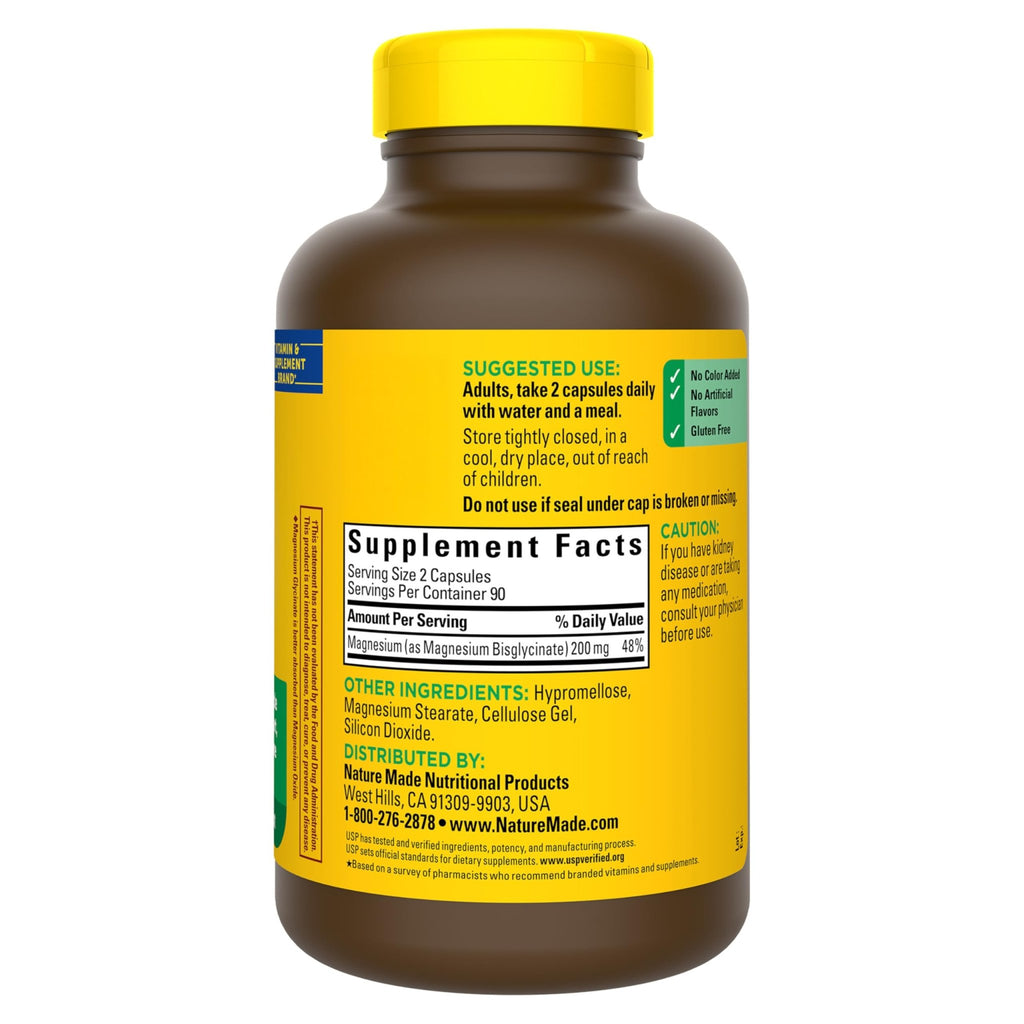 Nature Made Magnesium Glycinate 200 mg per serving, Magnesium Supplement for Muscle, Heart, Nerve and Bone Support, 180 Magnesium Bisglycinate Capsules, 90 Day Supply - TrustMedUSA