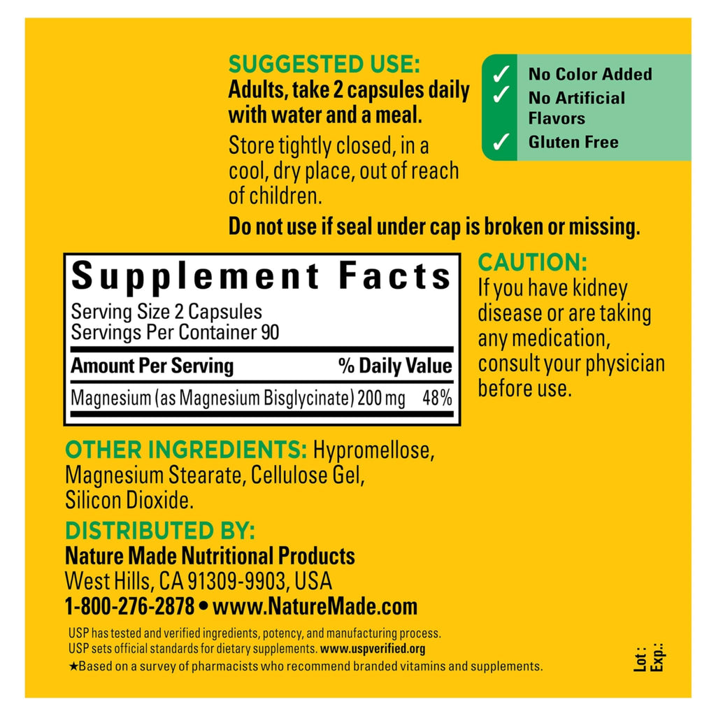 Nature Made Magnesium Glycinate 200 mg per serving, Magnesium Supplement for Muscle, Heart, Nerve and Bone Support, 180 Magnesium Bisglycinate Capsules, 90 Day Supply - TrustMedUSA