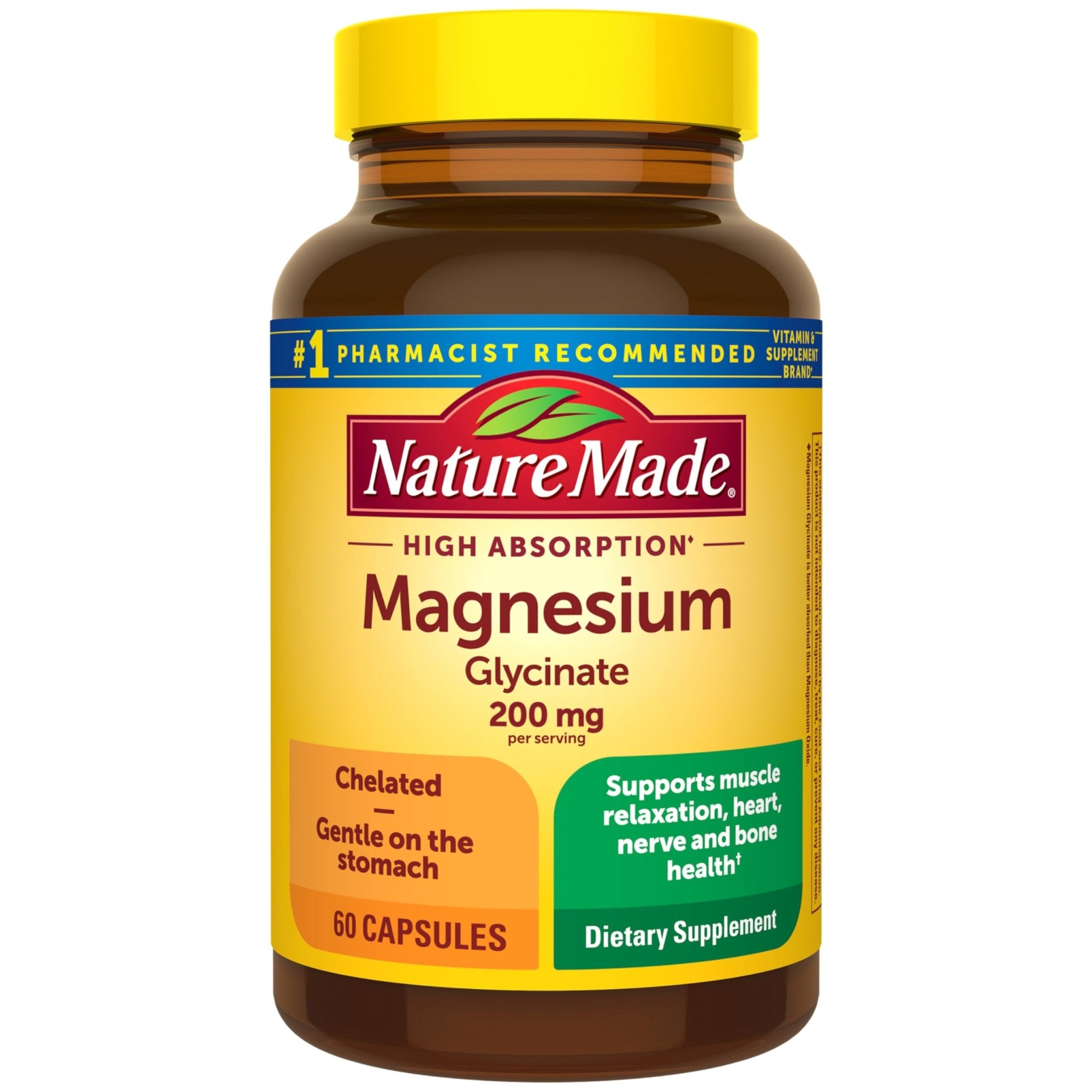 Nature Made Magnesium Glycinate 200 mg per Serving, Magnesium Supplement for Muscle, Heart, Nerve and Bone Support, 60 Magnesium Bisglycinate Capsules, 30 Day Supply - TrustMedUSA