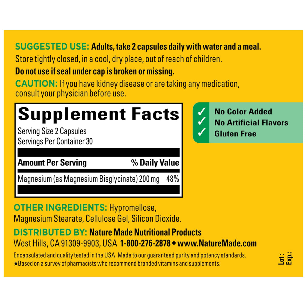 Nature Made Magnesium Glycinate 200 mg per Serving, Magnesium Supplement for Muscle, Heart, Nerve and Bone Support, 60 Magnesium Bisglycinate Capsules, 30 Day Supply - TrustMedUSA
