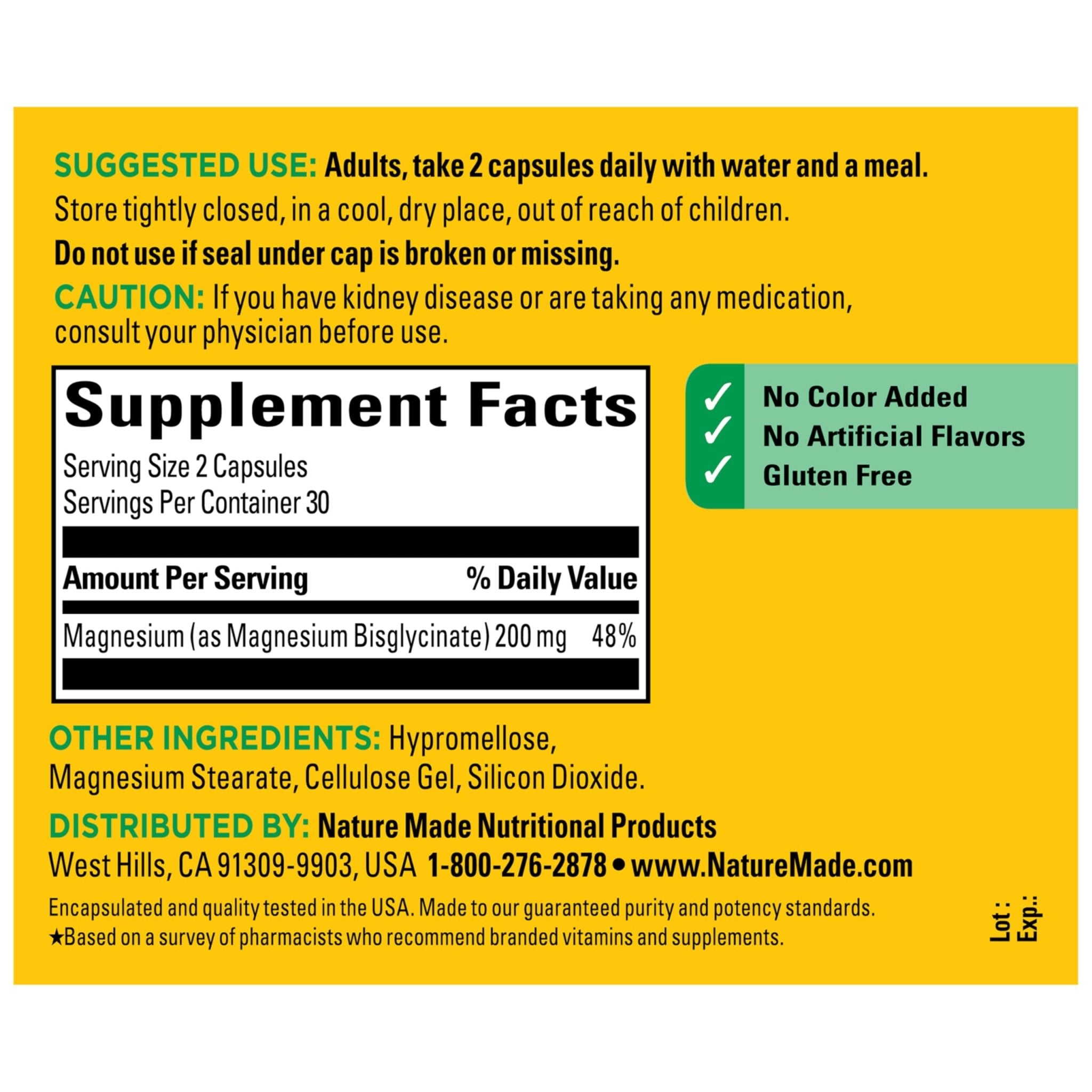 Nature Made Magnesium Glycinate 200 mg per Serving, Magnesium Supplement for Muscle, Heart, Nerve and Bone Support, 60 Magnesium Bisglycinate Capsules, 30 Day Supply - TrustMedUSA