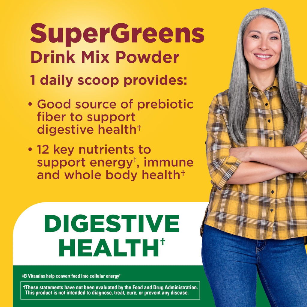 Nature Made Super Greens Powder with Prebiotic Fiber Drink Mix, Made with 1 Cup Veggies Per Serving, Fiber Supplement + Vitamins and Minerals, 25 Day Supply - TrustMedUSA