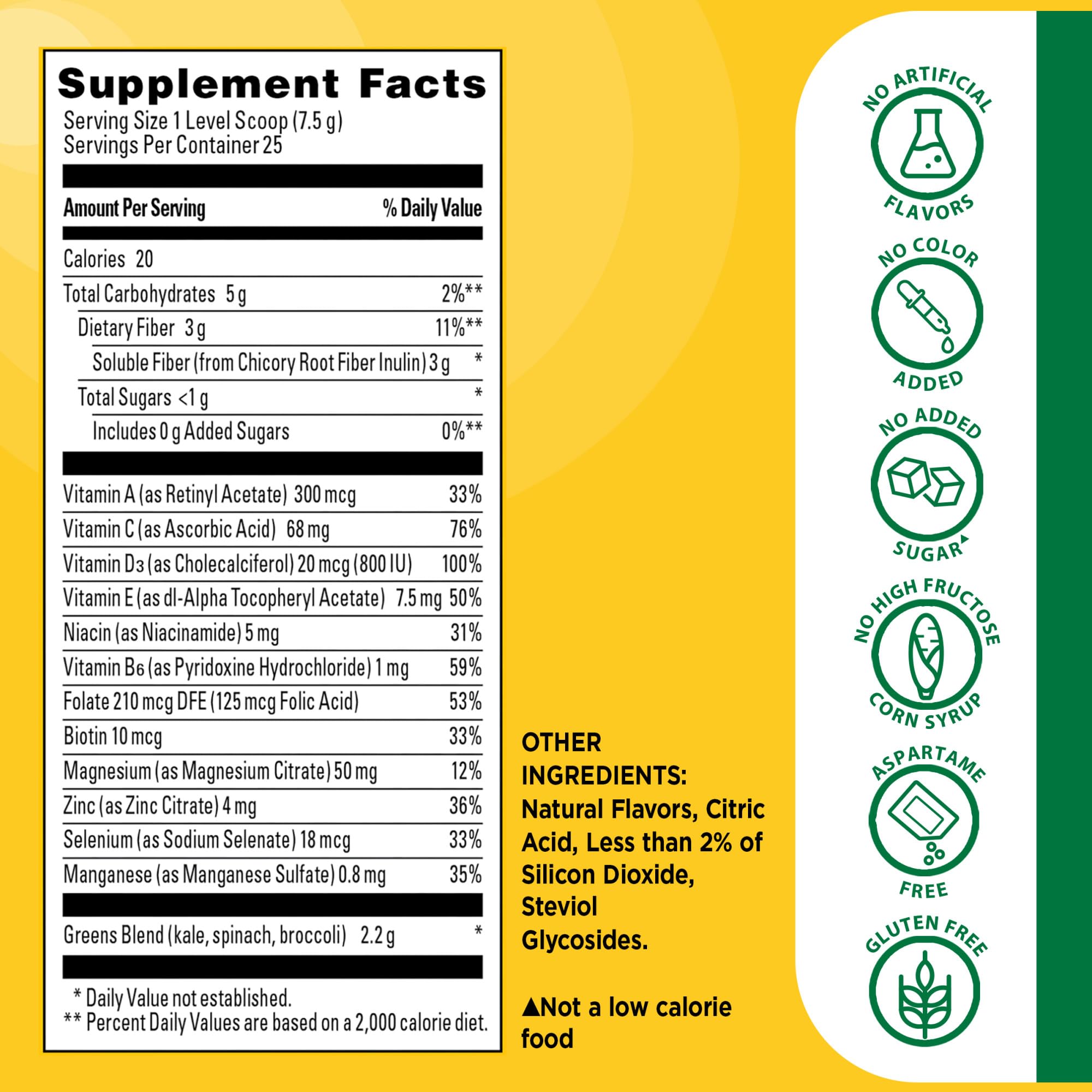 Nature Made Super Greens Powder with Prebiotic Fiber Drink Mix, Made with 1 Cup Veggies Per Serving, Fiber Supplement + Vitamins and Minerals, 25 Day Supply - TrustMedUSA