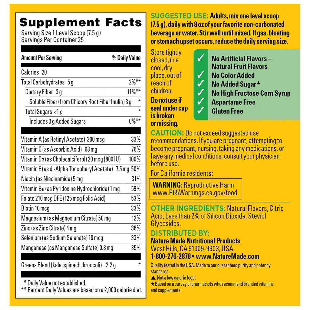 Nature Made Super Greens Powder with Prebiotic Fiber Drink Mix, Made with 1 Cup Veggies Per Serving, Fiber Supplement + Vitamins and Minerals, 25 Day Supply - TrustMedUSA