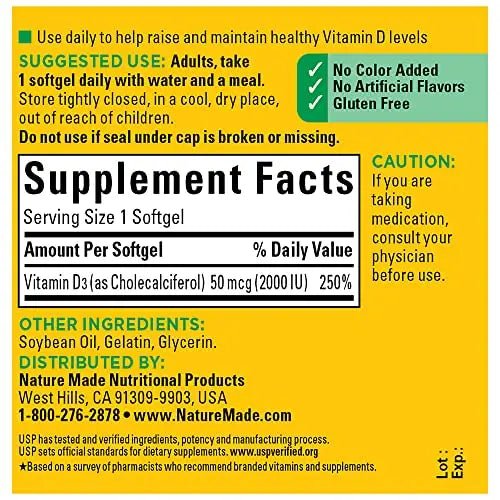 Nature Made Vitamin D3 2000 IU (50 mcg), Dietary Supplement for Bone, Teeth, Muscle - TrustMedUSA