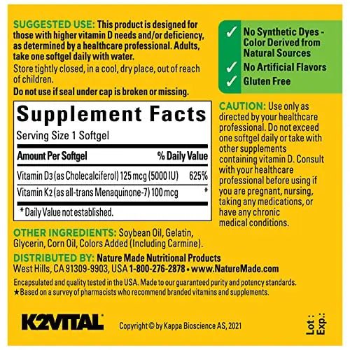 Nature Made Vitamin D3 K2, 5000 IU (125 mcg) Vitamin D, Dietary Supplement for Bone - TrustMedUSA