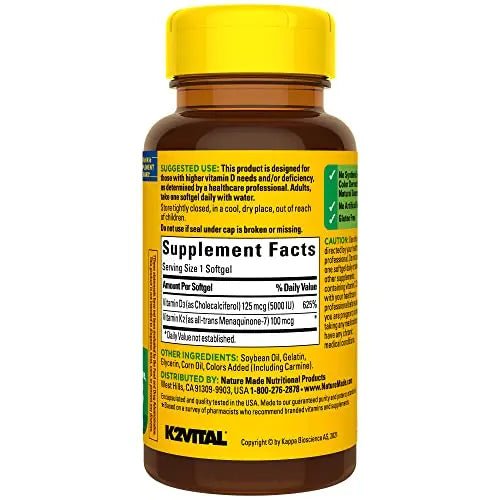 Nature Made Vitamin D3 K2, 5000 IU (125 mcg) Vitamin D, Dietary Supplement for Bone - TrustMedUSA