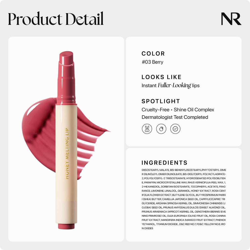 Nature Republic HONEY MELTING LIP (03 BERRY) SOFT LIP STICK, Hydrating Gloss, Moisturizing balms, Sheer tint, Shine & Glowy Finish, korean make up - TrustMedUSA