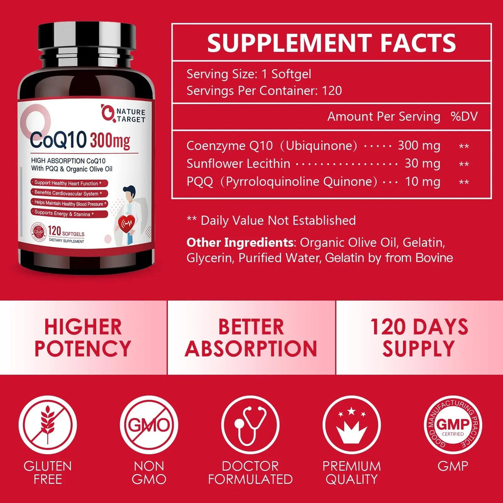 NATURE TARGET CoQ10-300mg-Softgels + PQQ with Organic-Olive-Oil - High Absorption - TrustMedUSA
